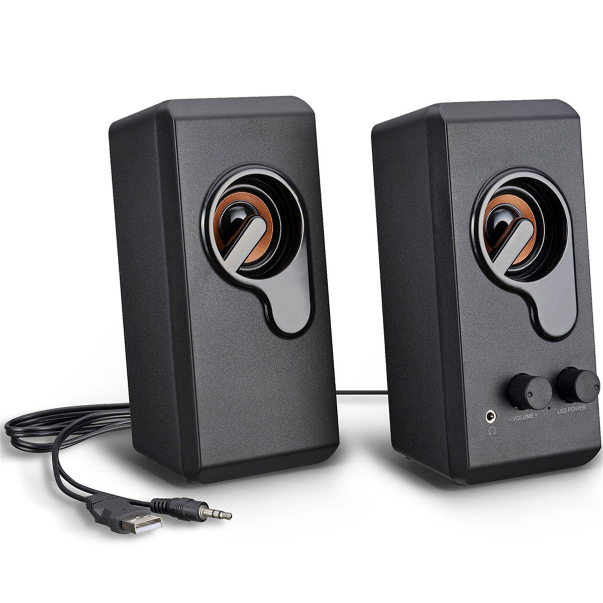 Zwei schwarze Computerlautsprecher, verbunden mit einem USB- und einem Audio-Kabel.