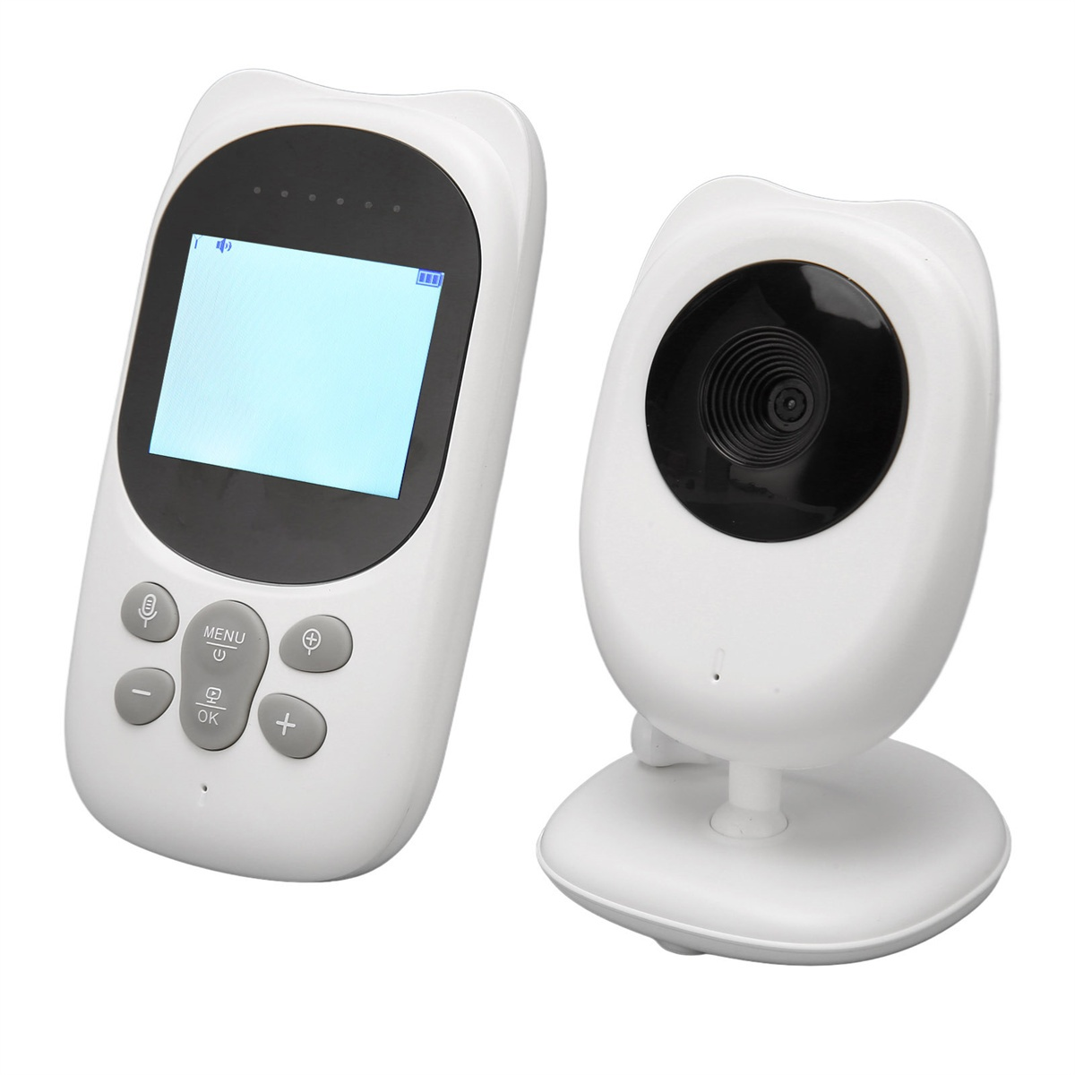Weißer Babyphone mit Bildschirm und Kamera. Der Monitor hat Knöpfe. Weißer Hintergrund.