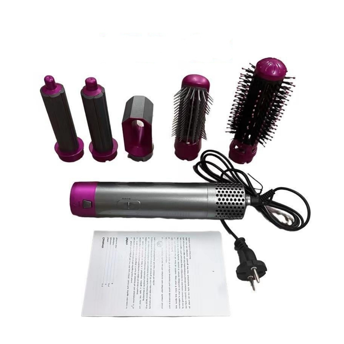 Haarstyling-Werkzeuge: ein Haartrockner und verschiedene Bürstenaufsätze. Ein Handbuch und ein Stecker sind ebenfalls sichtbar.