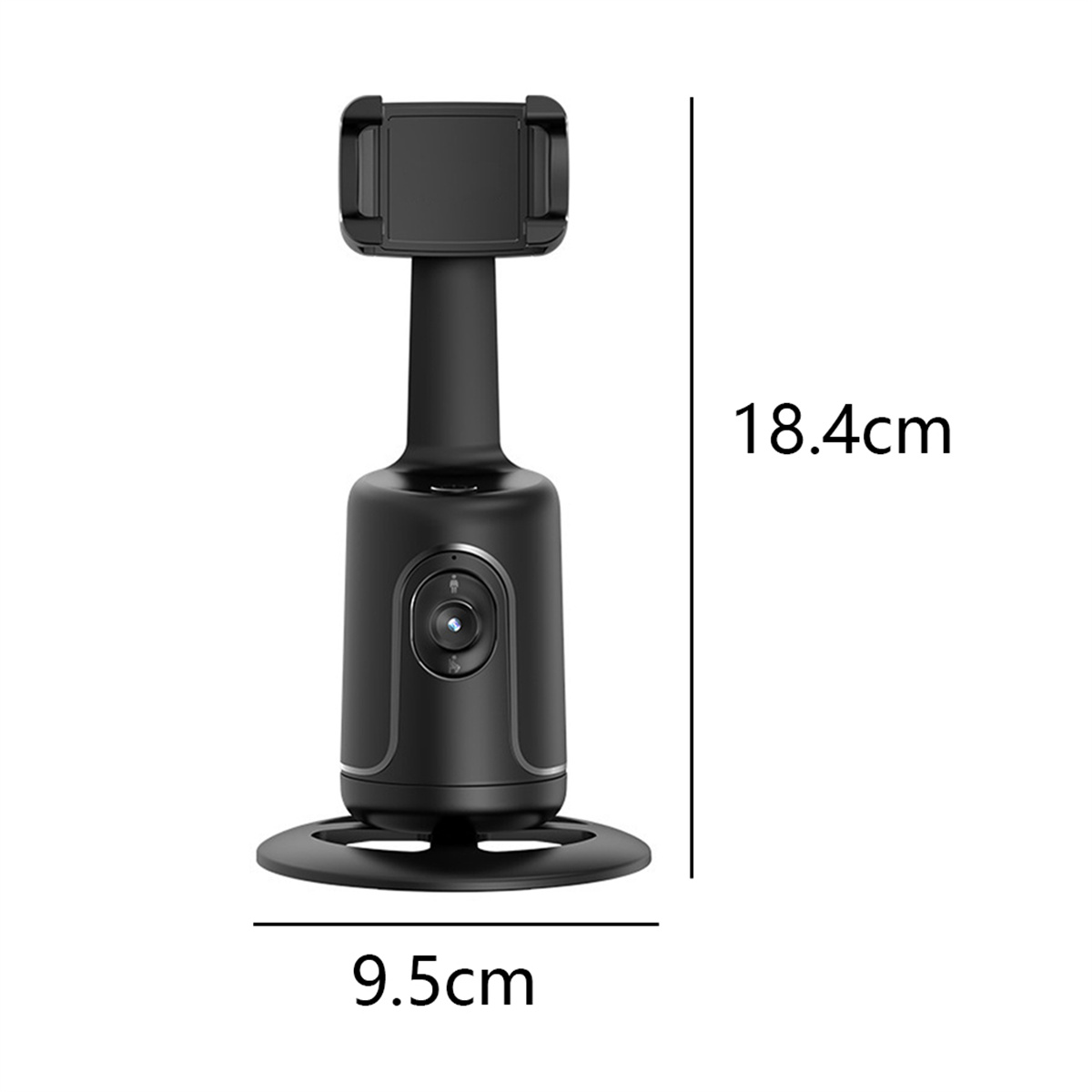Ein schwarzes Gimbal mit Kamera und Griff. Es ist 18,4 cm hoch und 9,5 cm breit.
