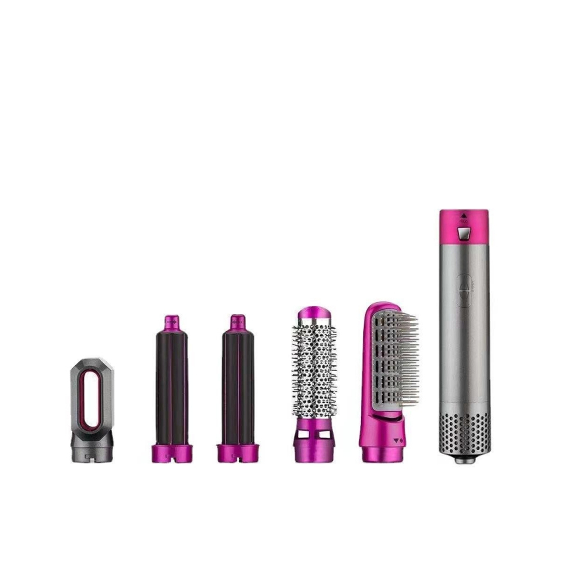 Sortiment an Haarstyling-Aufsätzen: ein silberner Griff und sechs verschiedene pinkfarbene Werkzeuge.