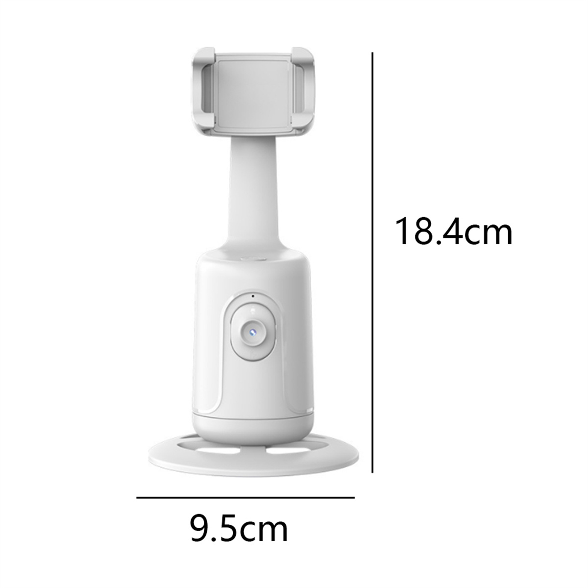 Weißer Telefonhalter mit Abmessungen und Kamera, auf weißem Hintergrund.