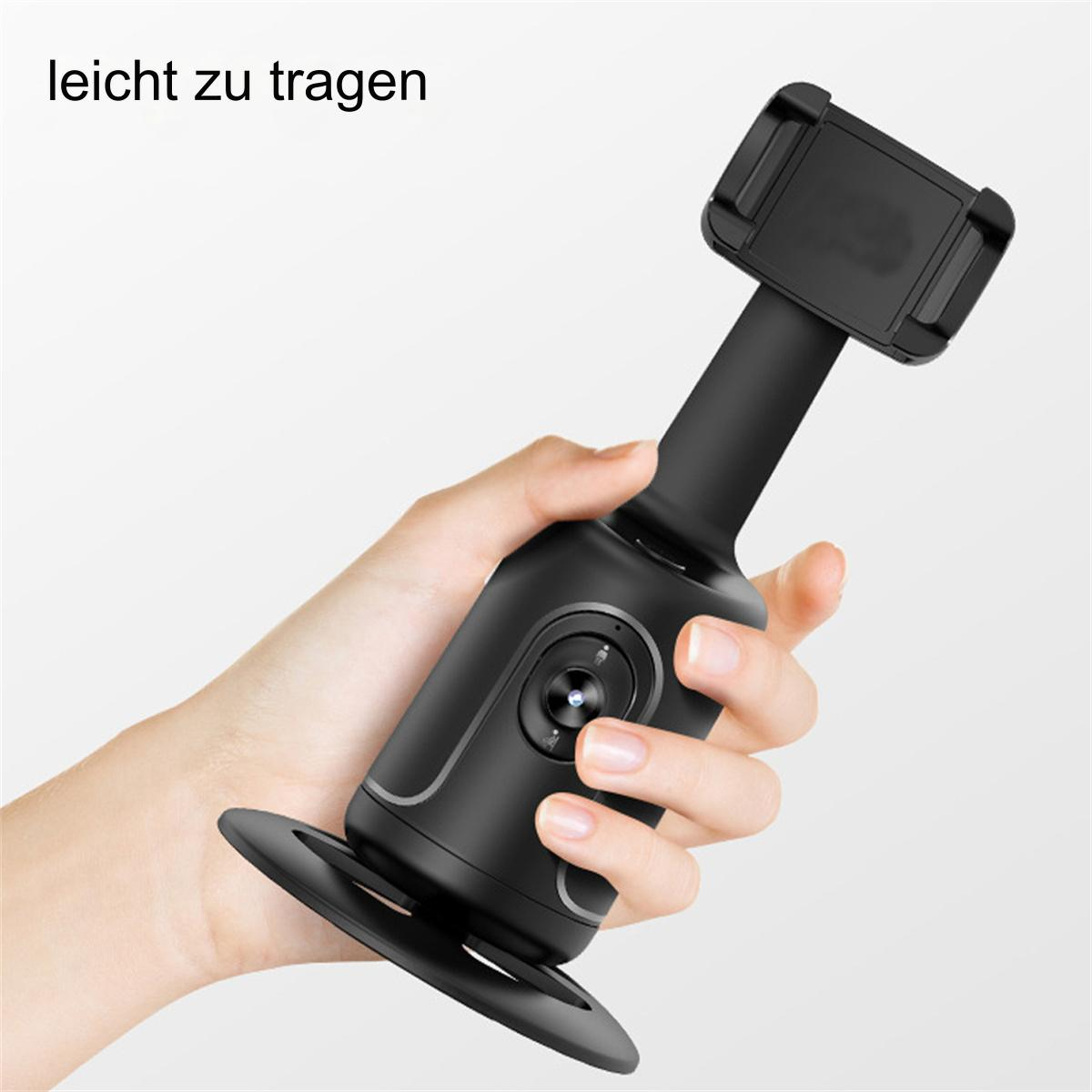 Ein schwarzer Selfie-Stick, der von einer Hand gehalten wird. Der Stick hat eine Halterung für ein Telefon und einen schwarzen Sockel.