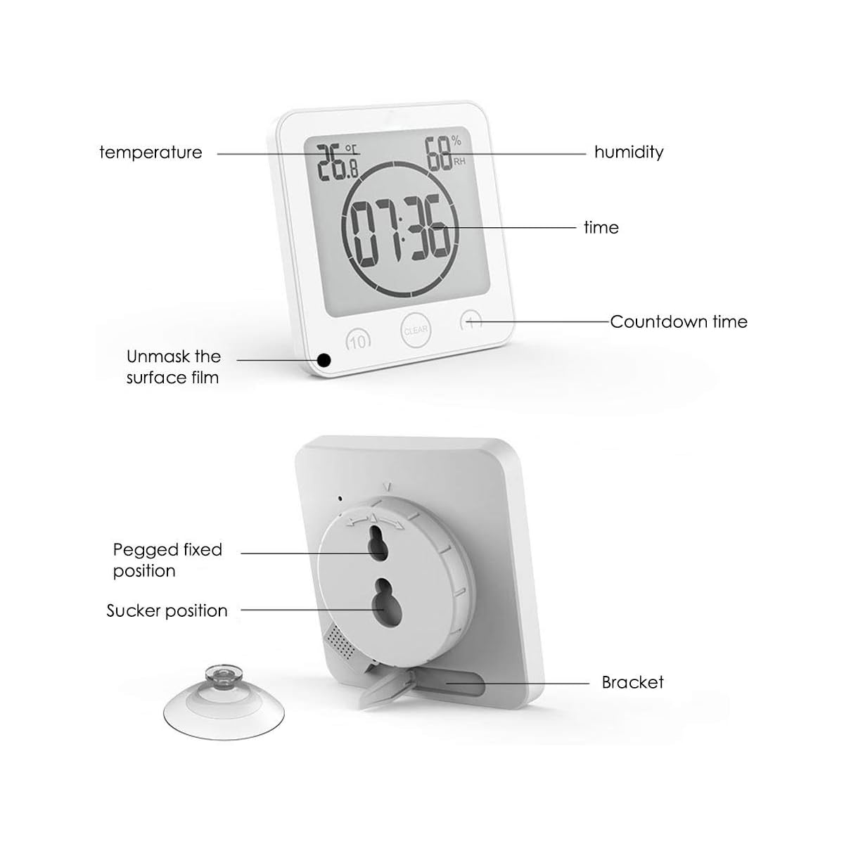 Weiße Digitaluhr mit Anzeige von Zeit, Luftfeuchtigkeit und Temperatur, mit Beschriftung. Inklusive Saugnapf.