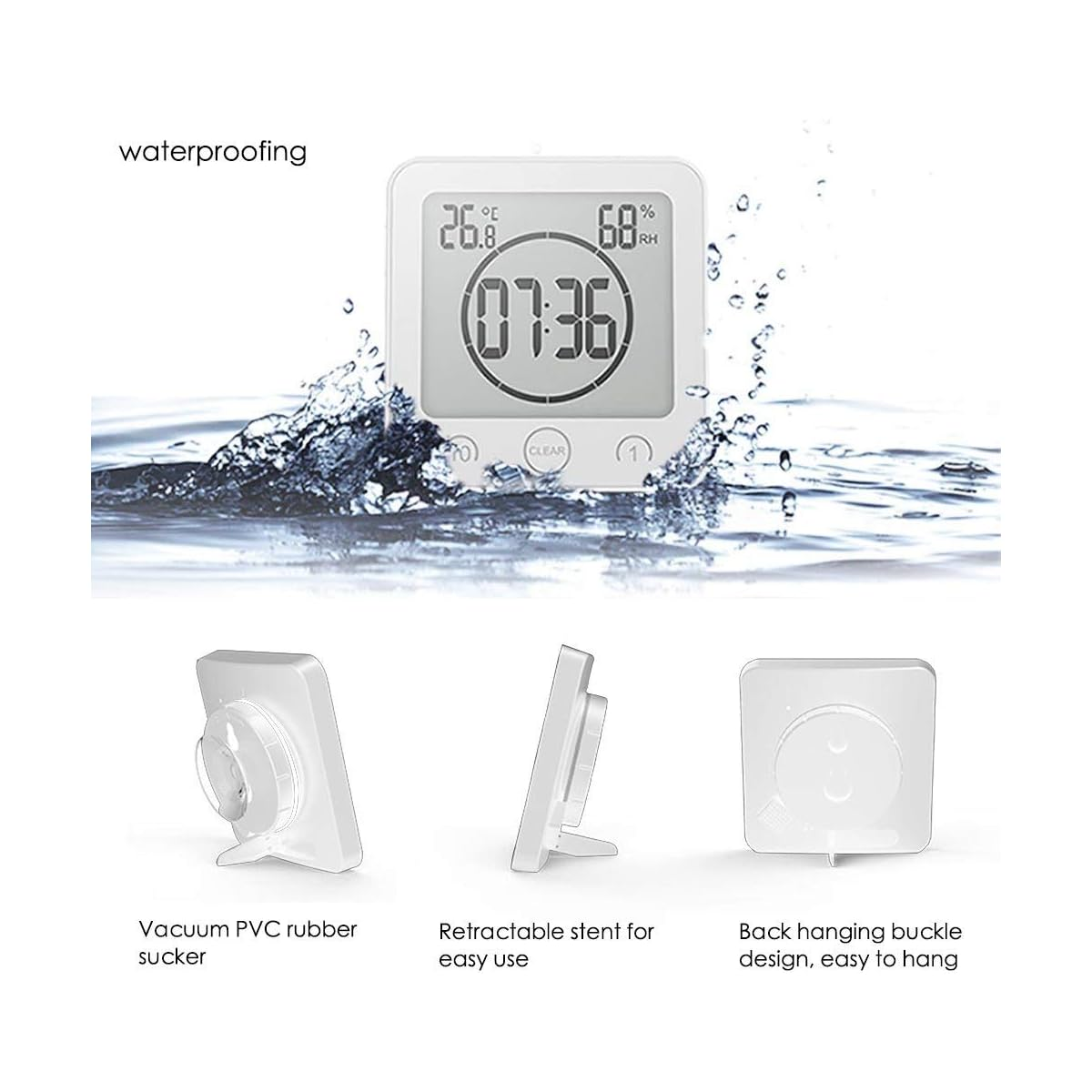 Digitale wasserdichte Uhr mit Saugnäpfen, einem Ständer und einem Aufhängebügeldesign.