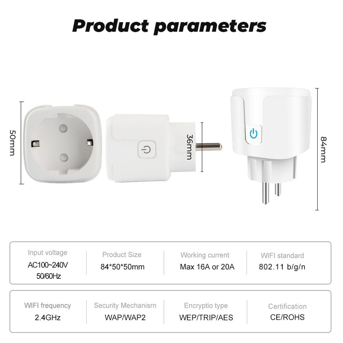 Produktparameter eines Smart Plugs mit Abmessungen, Eingangsspannung und technischen Daten.