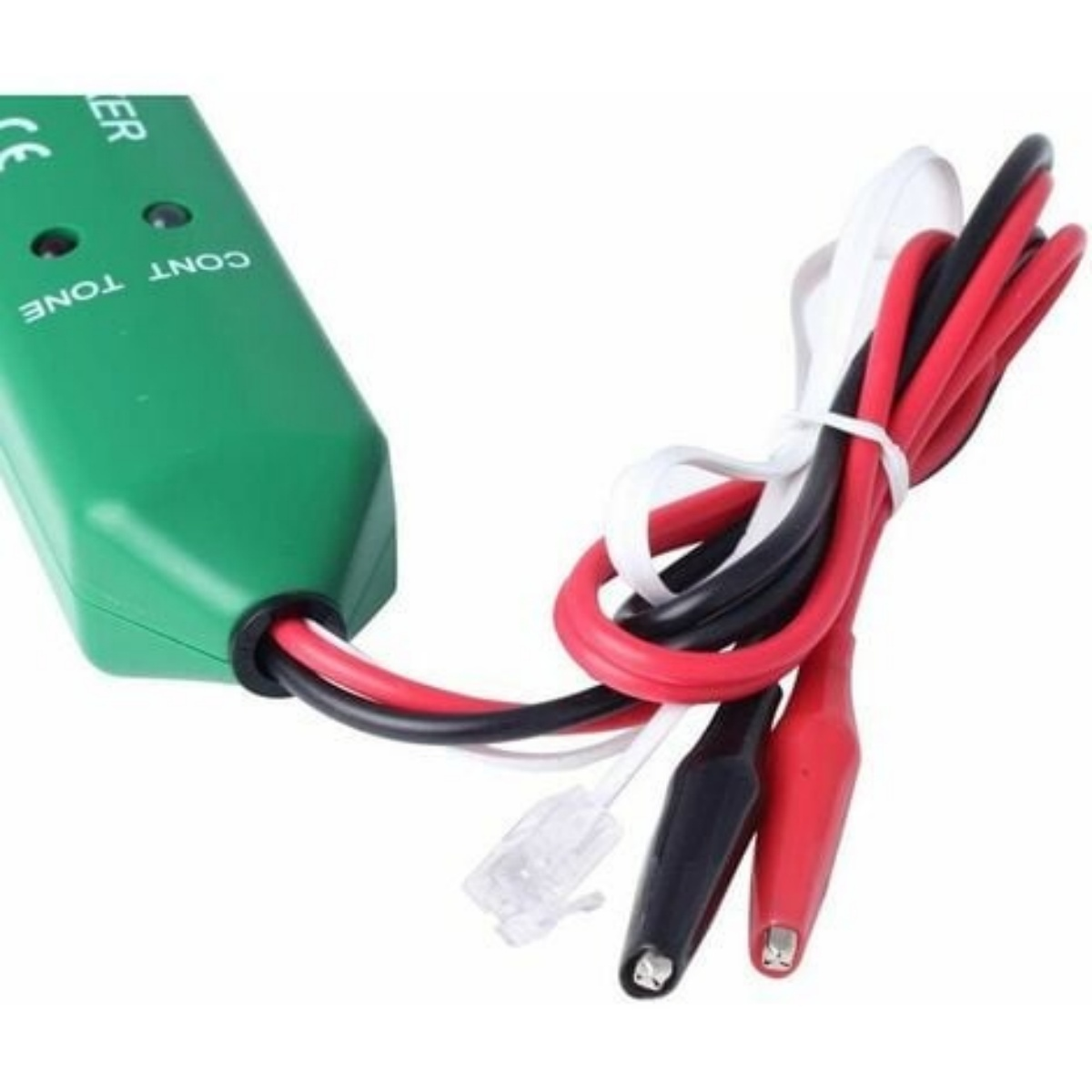 Ein grüner elektrischer Kabeldetektor mit roten, schwarzen und weißen Drähten und einem Stecker.