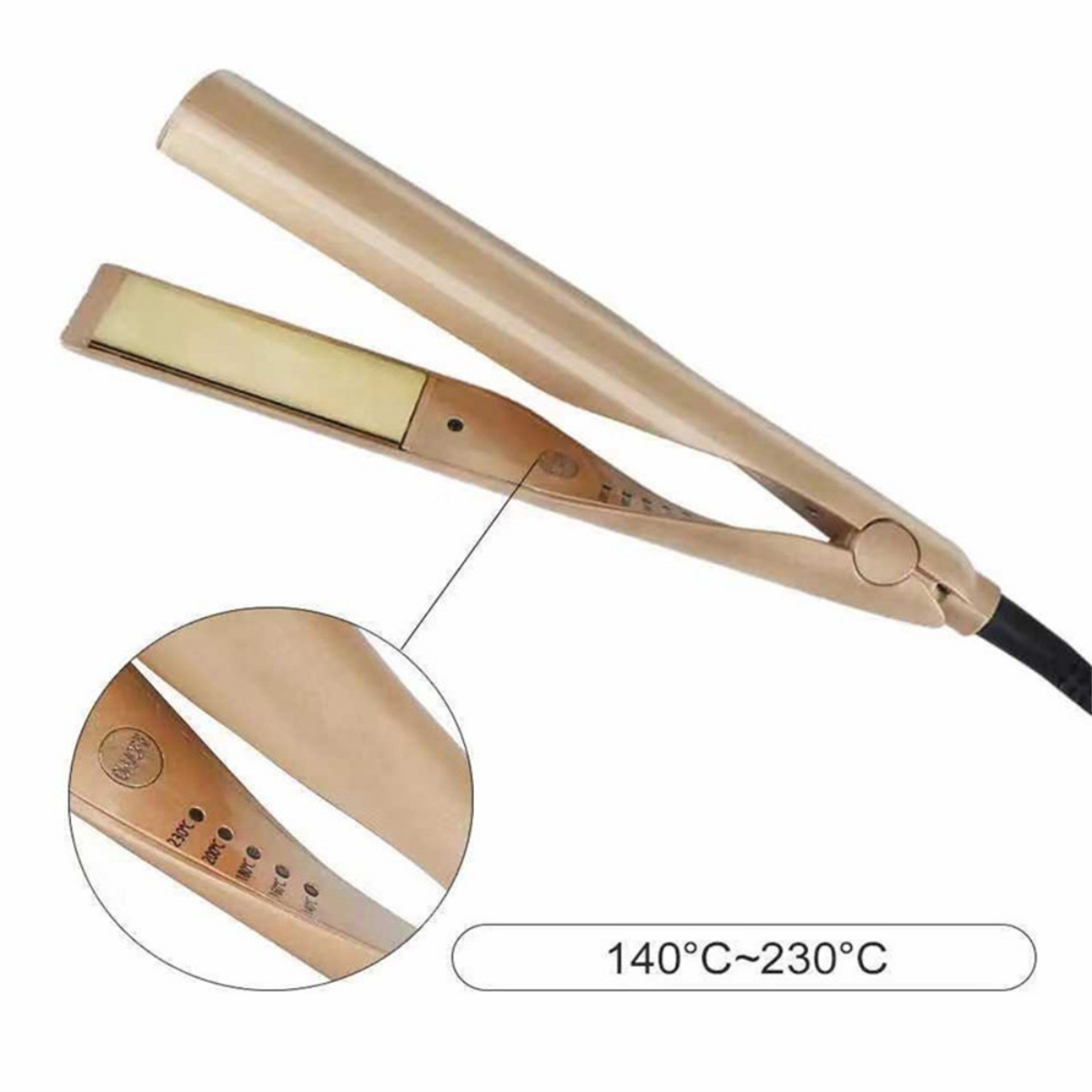 Goldener Haarglätter mit schwarzem Kabel. Nahaufnahme der Temperatureinstellungen in der Ecke.