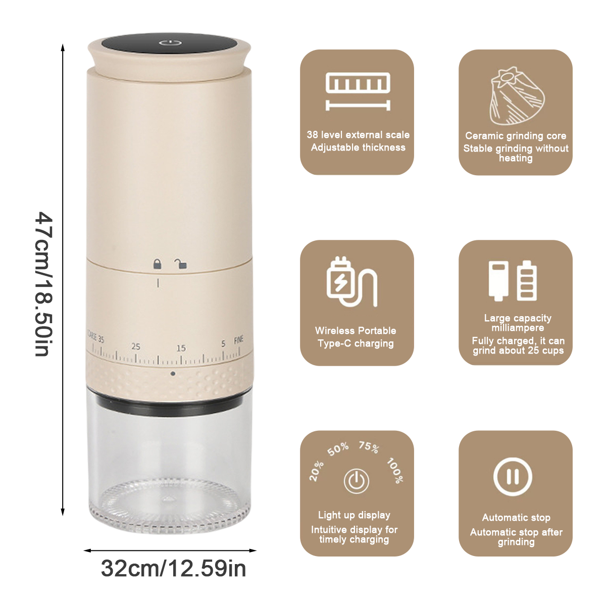 Cremefarbene Kaffeemühle. Enthält Produktdetails, Abmessungen und Symbole, die Funktionen beschreiben.