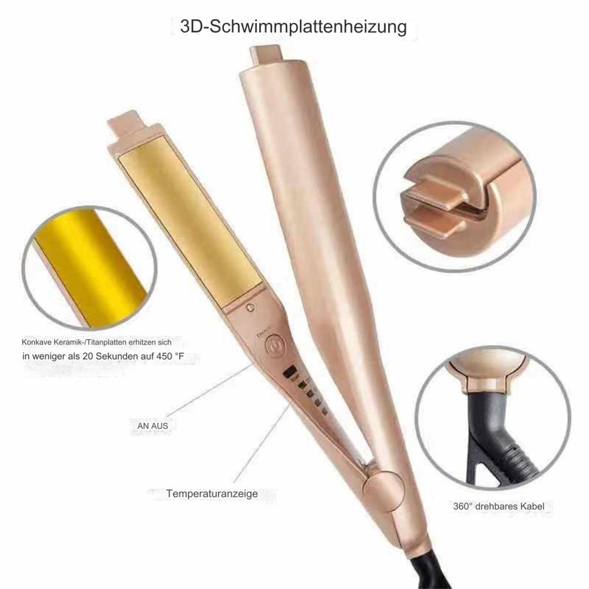 Ein Haarglätter mit Heizplatten, Bedienelementen und drehbarem Kabel.