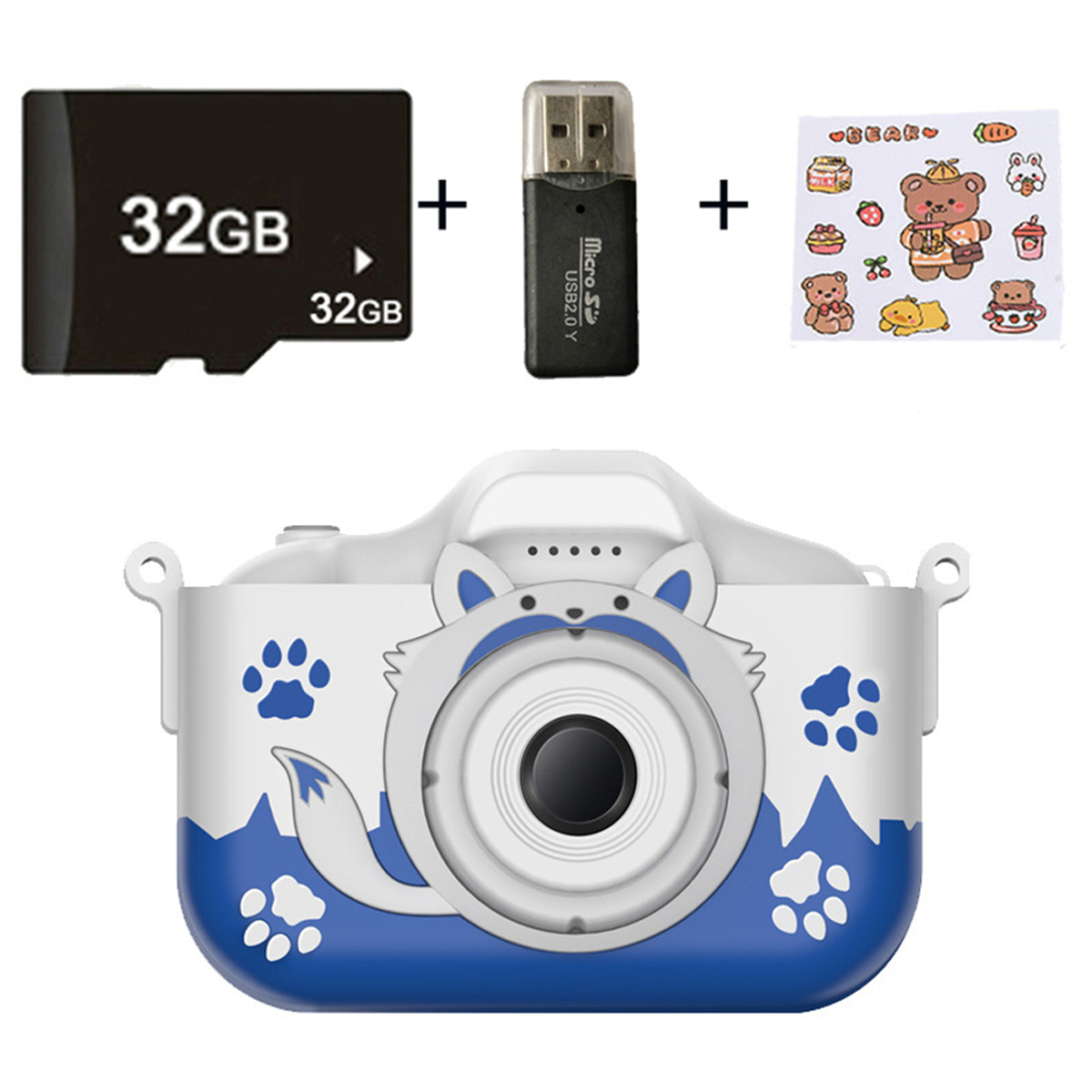 Blau-weiße Kamera in Fuchsgform mit Zubehör. SD-Karte, USB-Adapter und Aufkleber sind vorhanden.