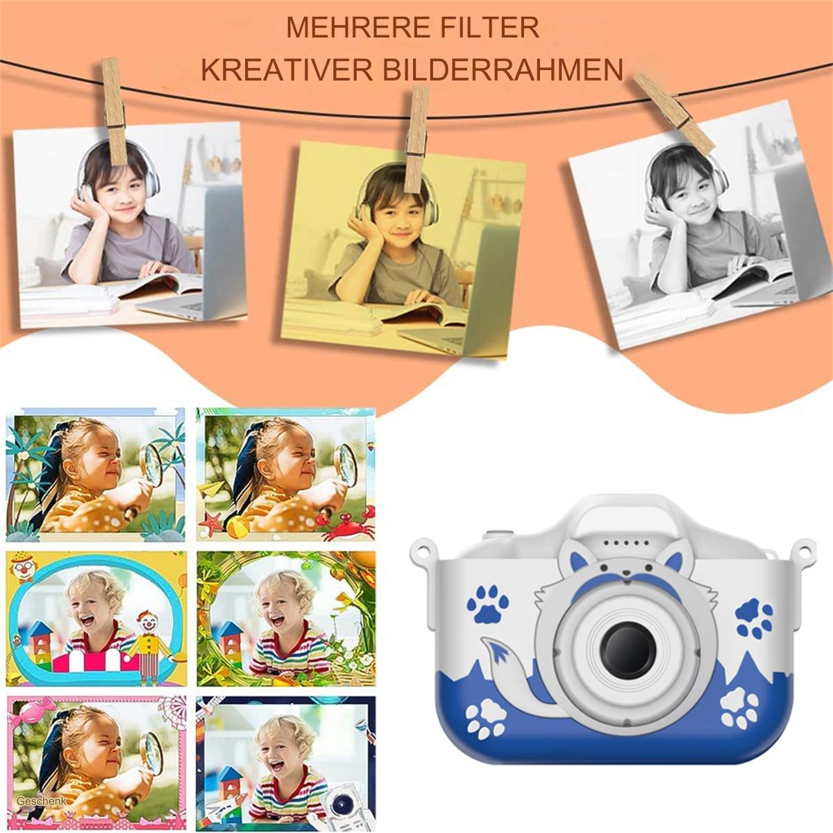 Mit Wäscheklammern befestigte Fotos zeigen Kinder mit Kameras. Eine Spielzeugkamera mit blau-weißem Design ist in der Ecke.