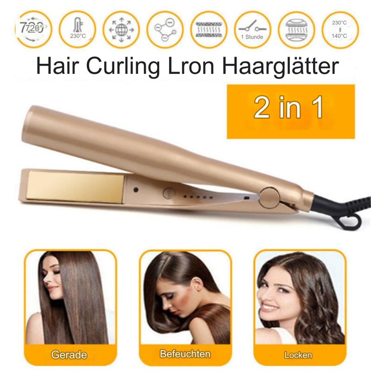 Goldenes Lockenstab mit Temperatureinstellungen und Bildern von glatten, welligen und lockigen Frisuren.