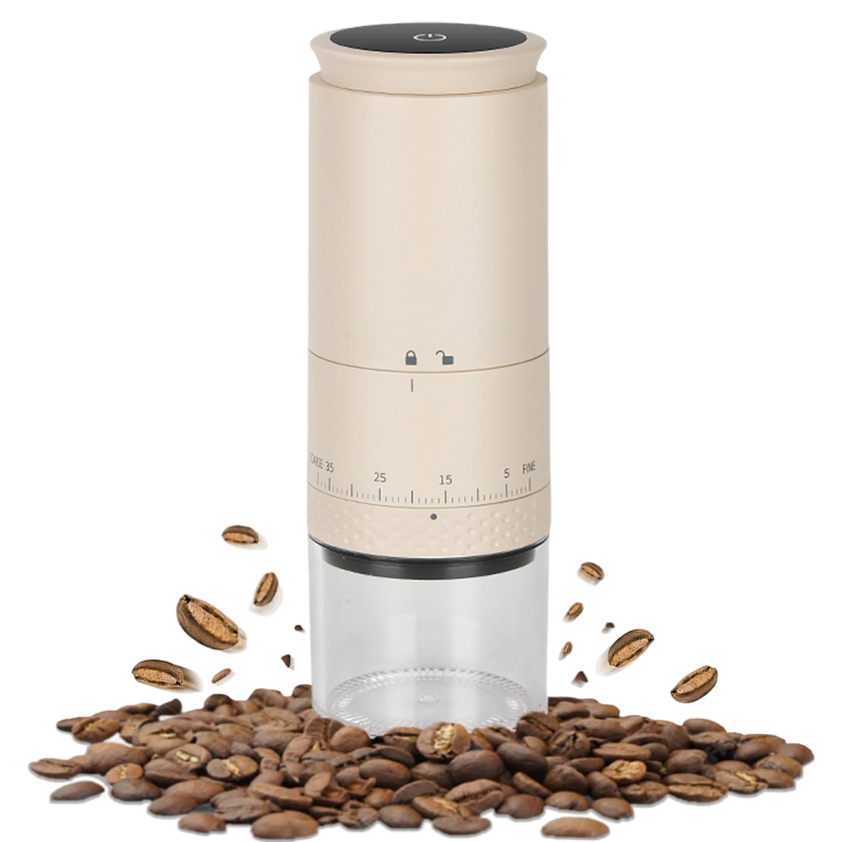 Weiße und beige Kaffeemühle mit Bohnen, Einstellrad.