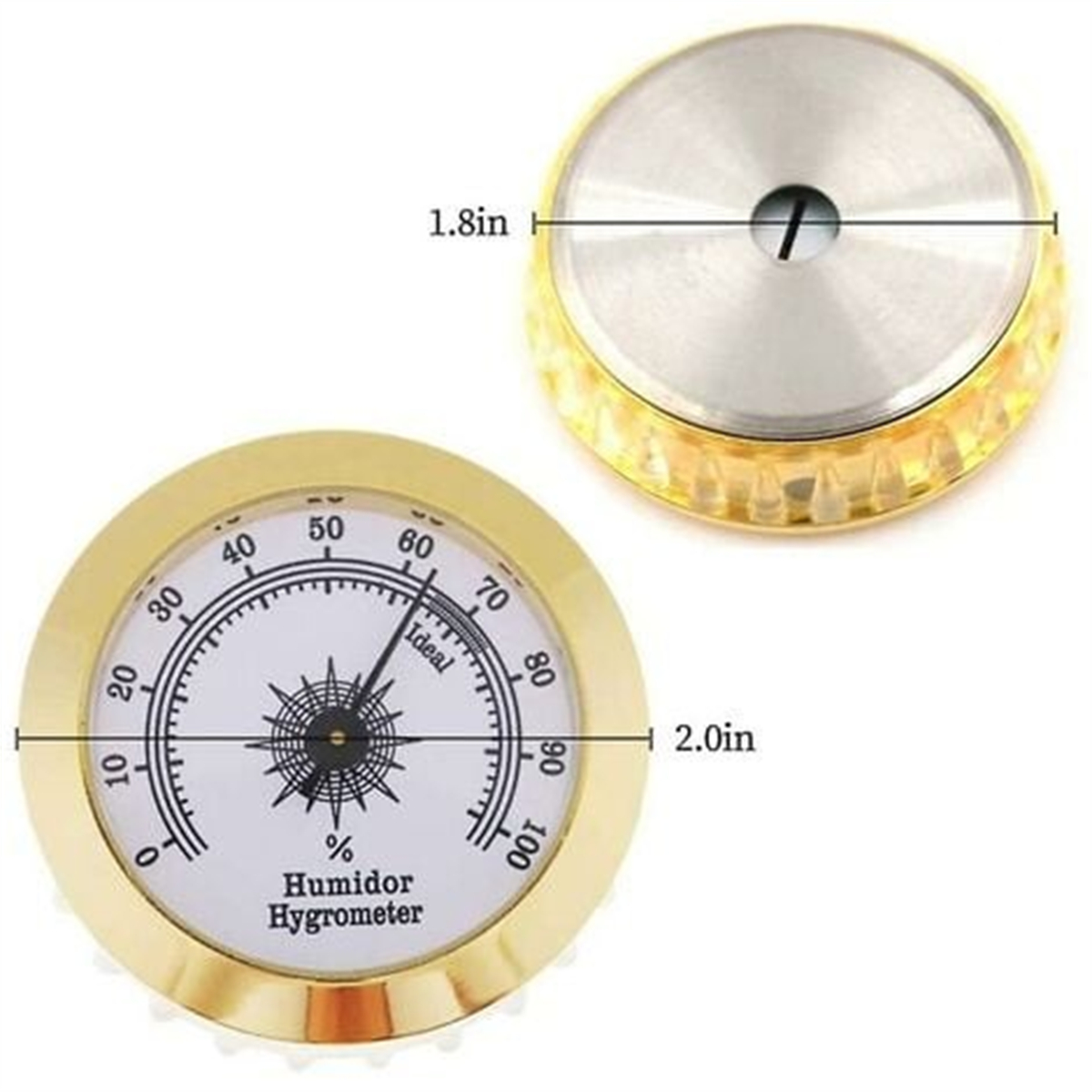 Ein goldener Humidor-Hygrometer. Es hat ein Zifferblatt mit Zahlen und eine Nadel, plus Abmessungen.