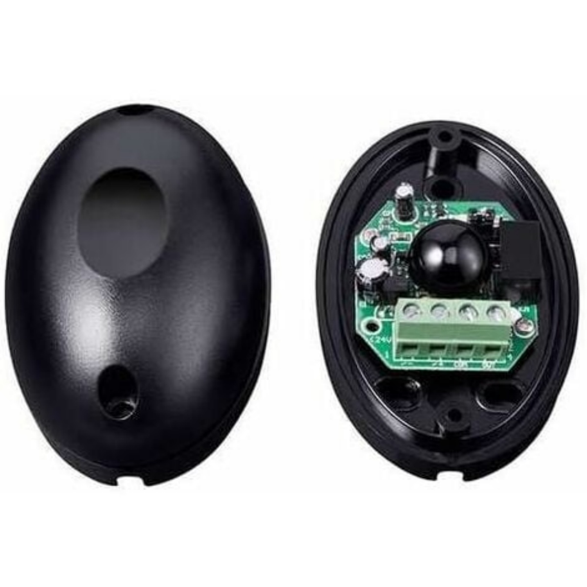 Zwei schwarze ovale Sensoren, einer geöffnet mit grüner Elektronik.