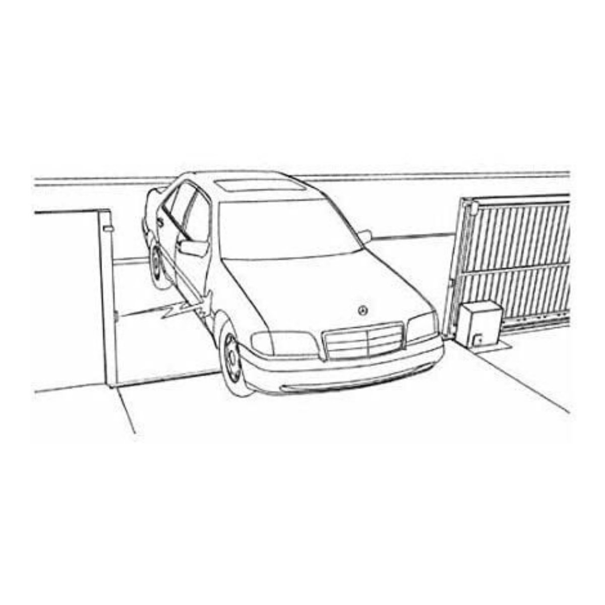 Strichzeichnung eines Autos, das geladen wird. Das Auto parkt in einer Garage neben der Ladestation.