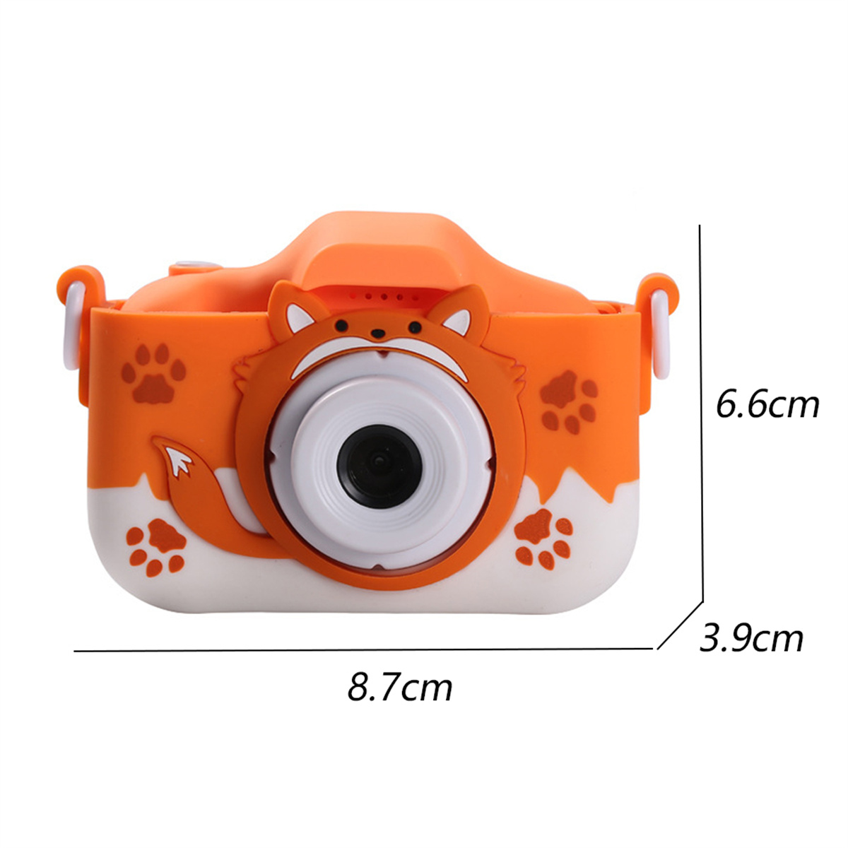Orange und weiße Spielzeugkamera in Fuchsform. Abmessungen sind angegeben. Die Kamera hat ein Fuchskopfdesign.