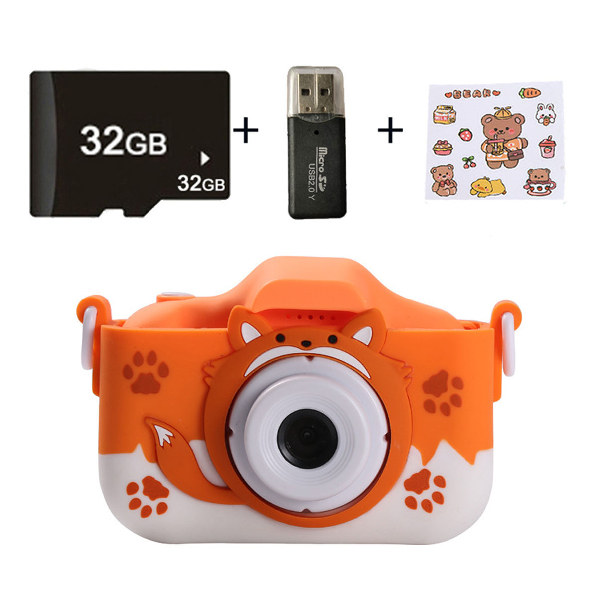 Orange, fuchsförmige Kinderkamera mit Stickern, 32GB SD-Karte und USB-Stick.