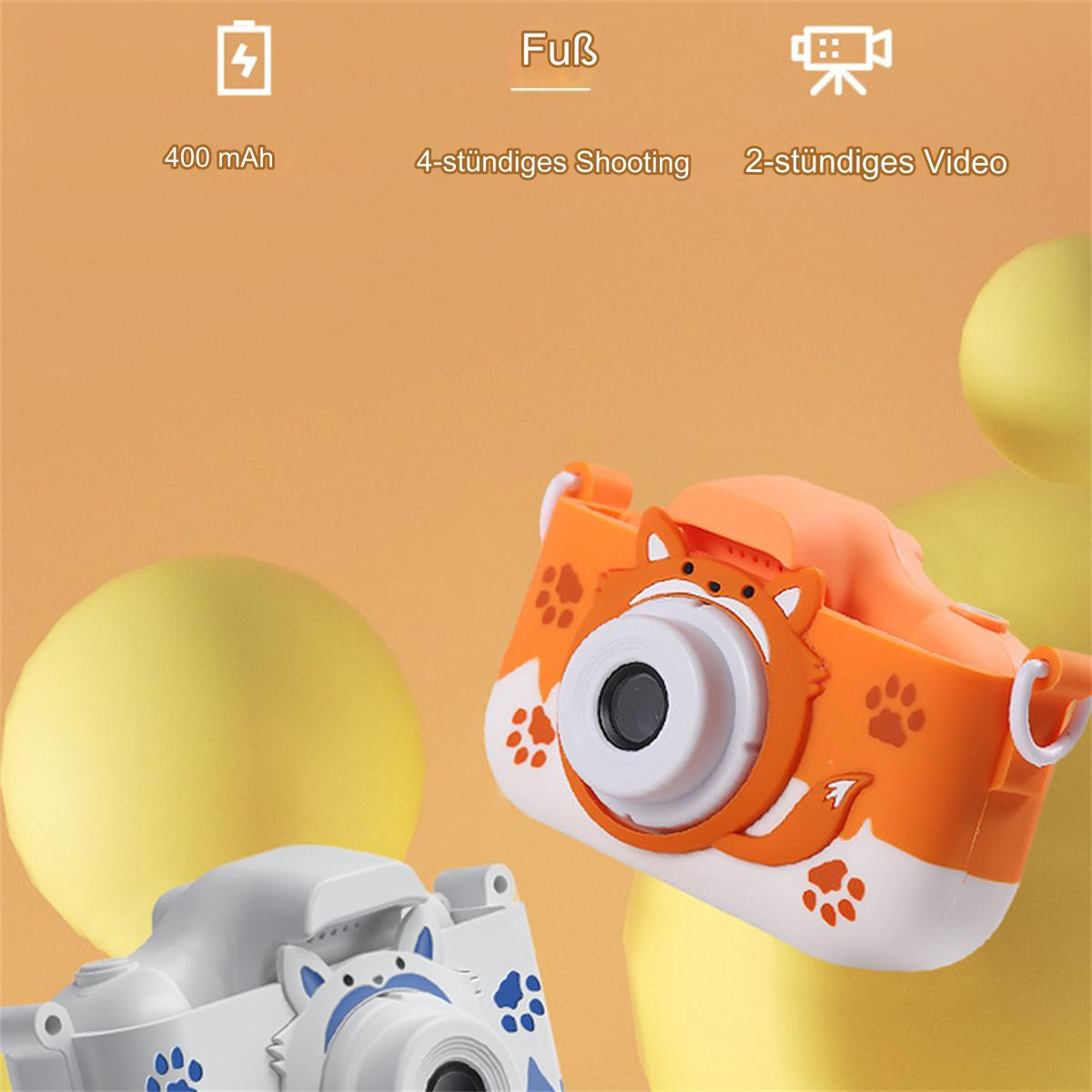 Orange und weiße Spielzeugkameras mit Fuchsmotiv. Text über Funktionen und Spezifikationen.