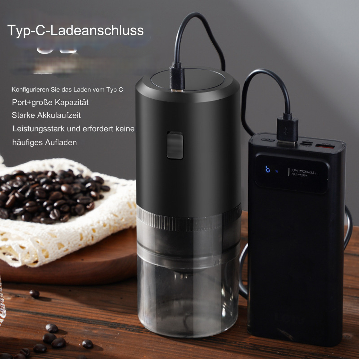 Schwarze Kaffeemühle und Ladegerät. Die Mühle hat einen schwarzen Behälter.