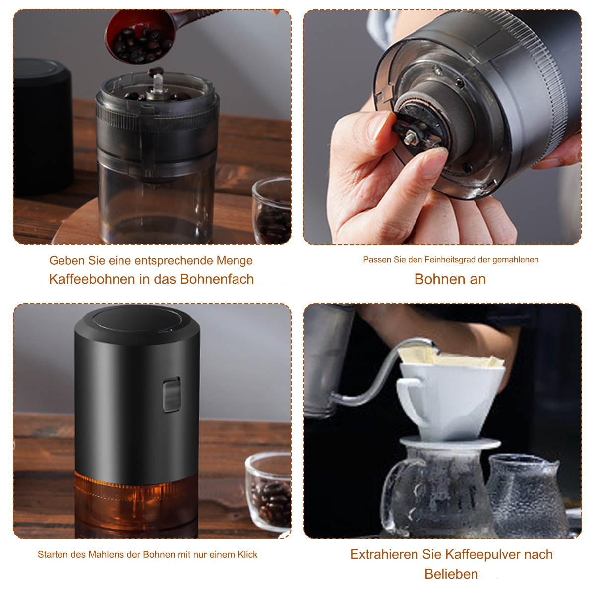 Vier Bilder, die den Kaffeezubereitungsprozess zeigen: Bohnen hinzufügen, mahlen, gießen und brühen.