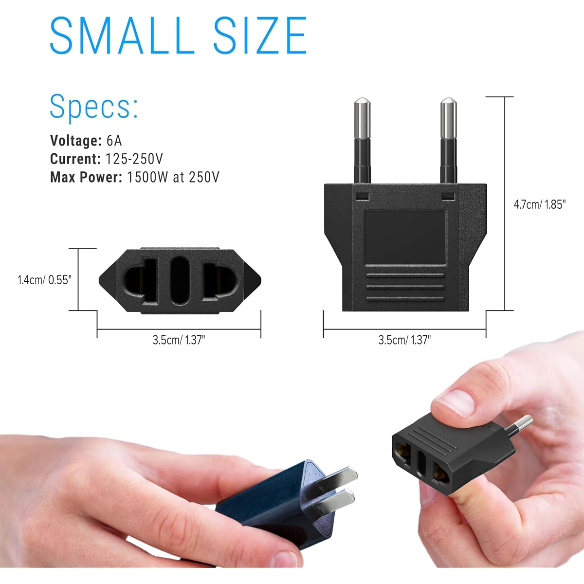 Diagramm eines kleinen schwarzen Adapters mit Maßen und Spezifikationen: 6A, 125-250V, max. 1500W.