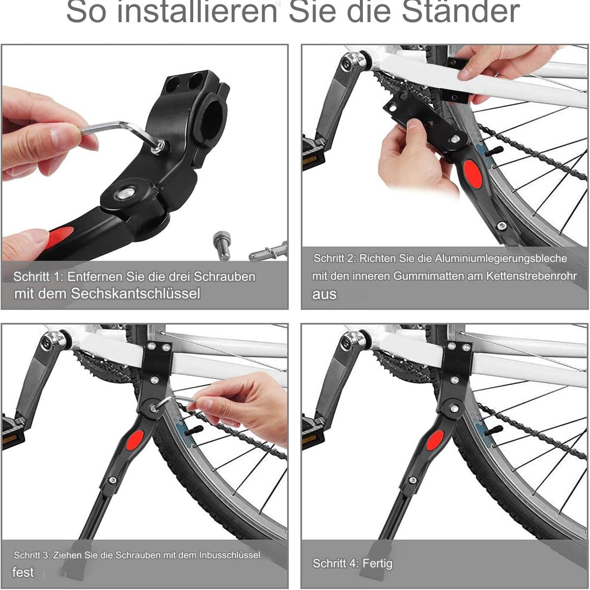 Schritt-für-Schritt-Anleitung zur Montage eines Fahrradständers mit Werkzeugen und Teilen.