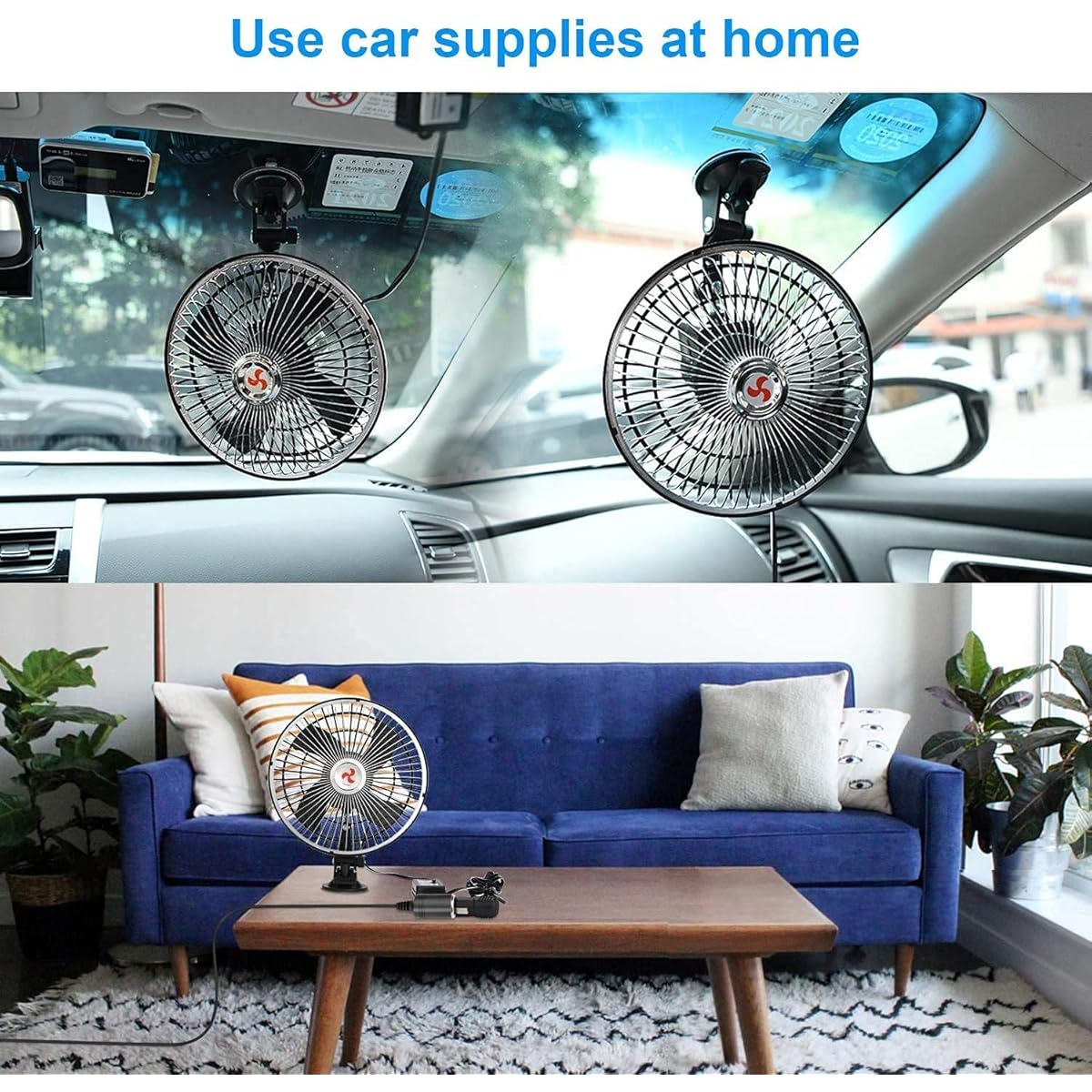 Zwei Ventilatoren im Auto, einer auf einem Tisch zu Hause, für Autozubehör zu Hause verwendet.