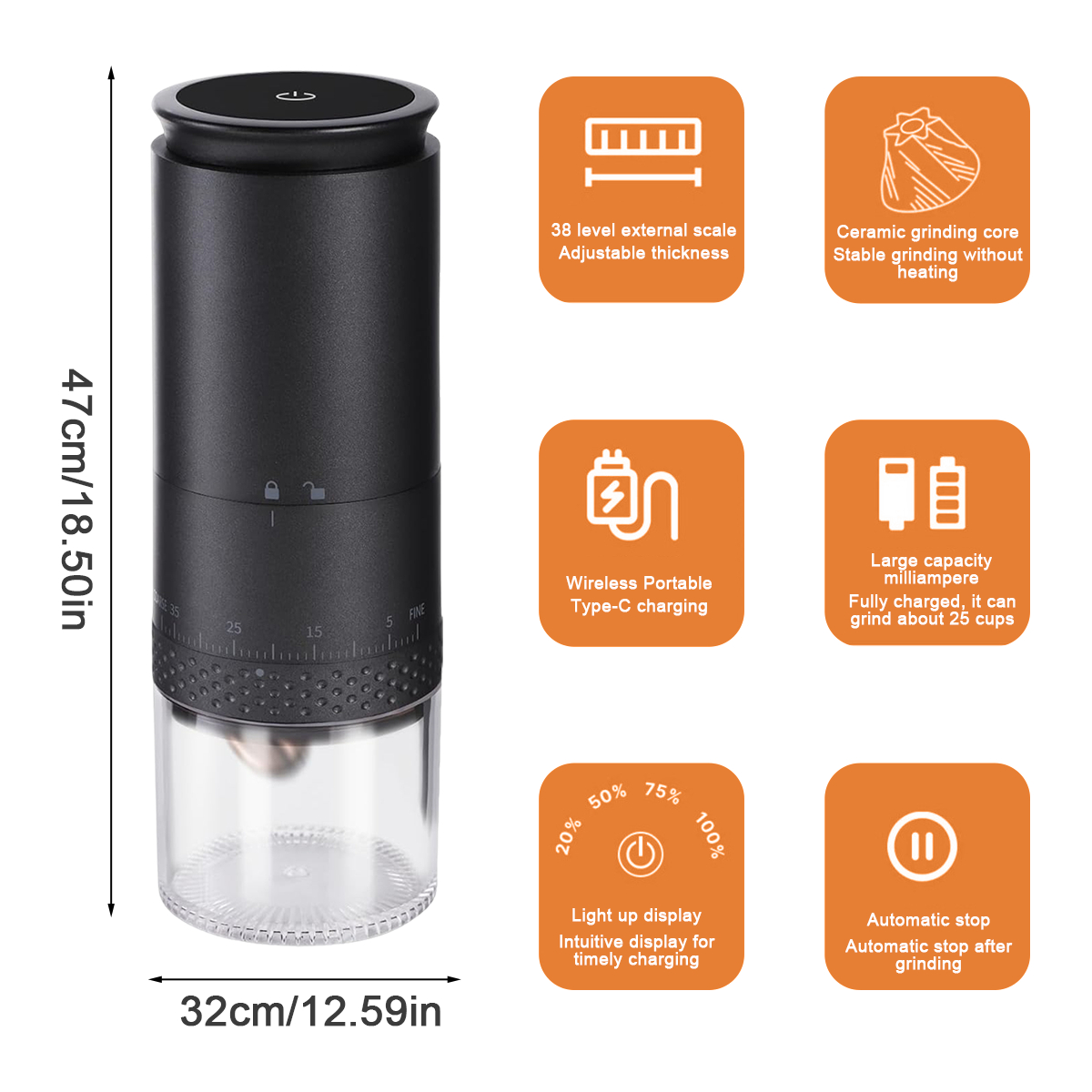 Schwarze Kaffeemühle mit klarer Glasbasis und beschrifteten Funktionen.