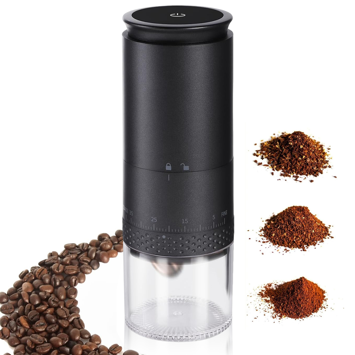 Eine schwarze Kaffeemühle mit einem durchsichtigen unteren Teil zur Sichtung des Kaffeemehls. Drei Haufen verschiedener Mahlgrade werden gezeigt.