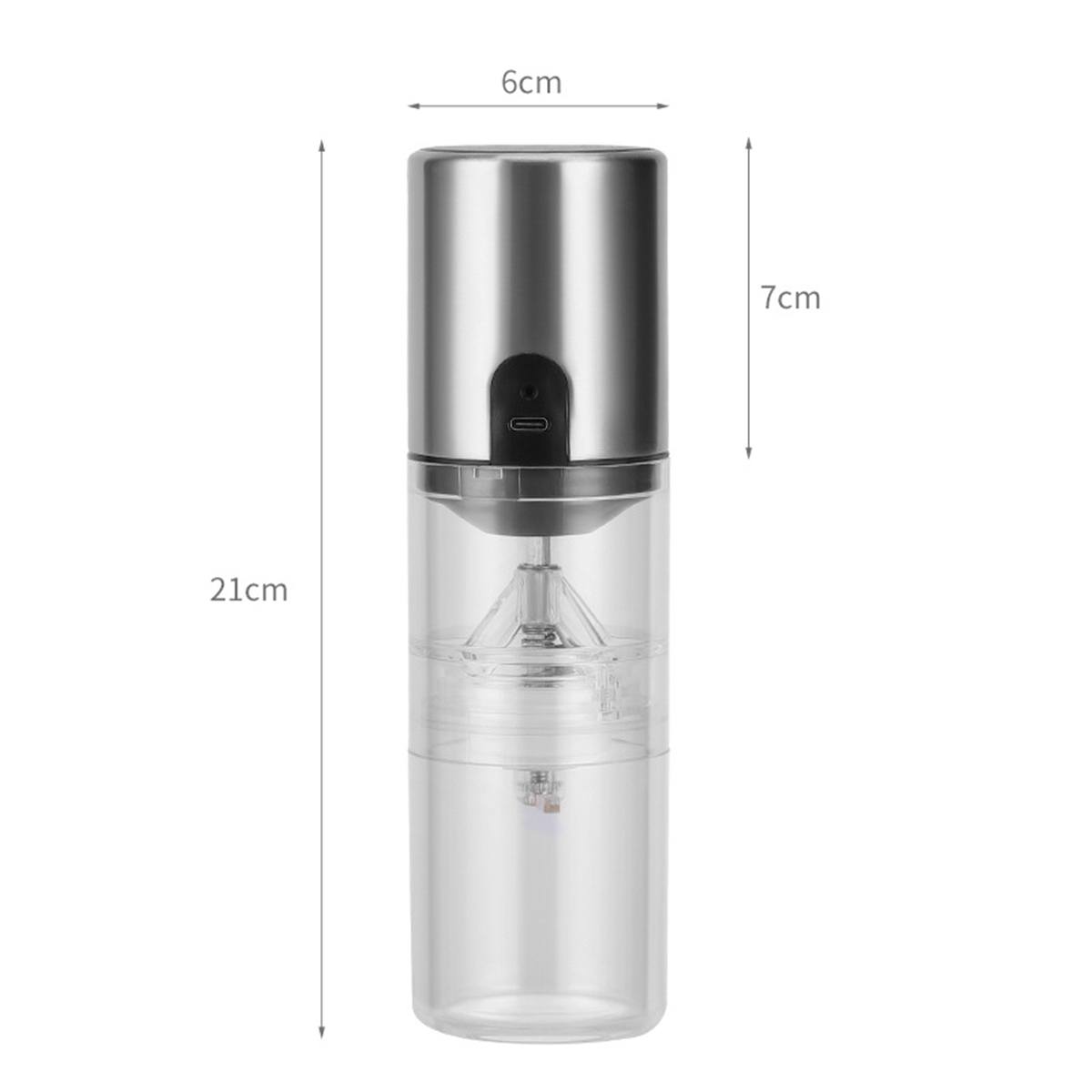 Elektrische Kaffeemühle aus Edelstahl und transparent, mit Maßangaben.