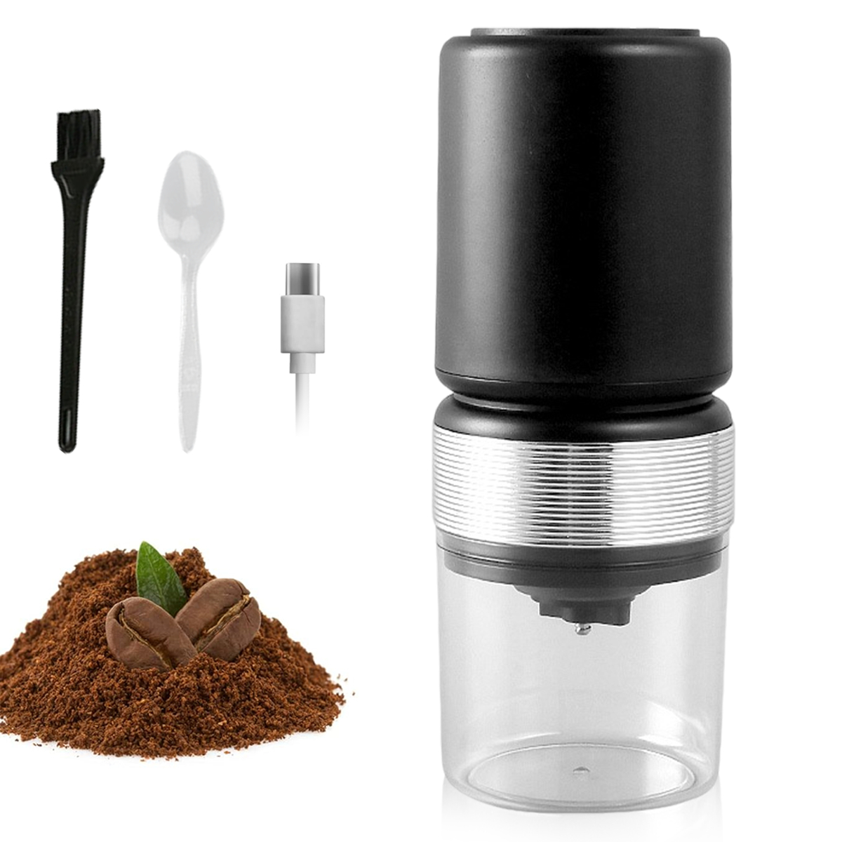 Schwarze Kaffeemühle mit Zubehör: Bürste, Löffel und USB-C-Kabel. Gemahlener Kaffee und Bohnen.