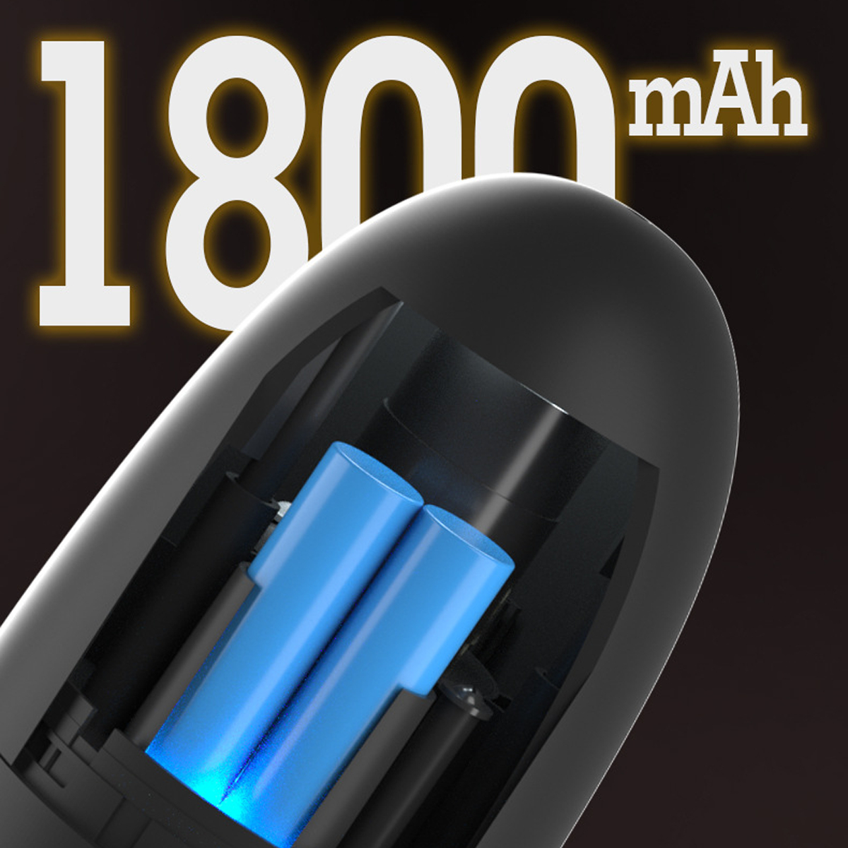 Nahaufnahme von zwei blauen zylindrischen Batterien in einem schwarzen Gerät, beleuchteter Bereich.
