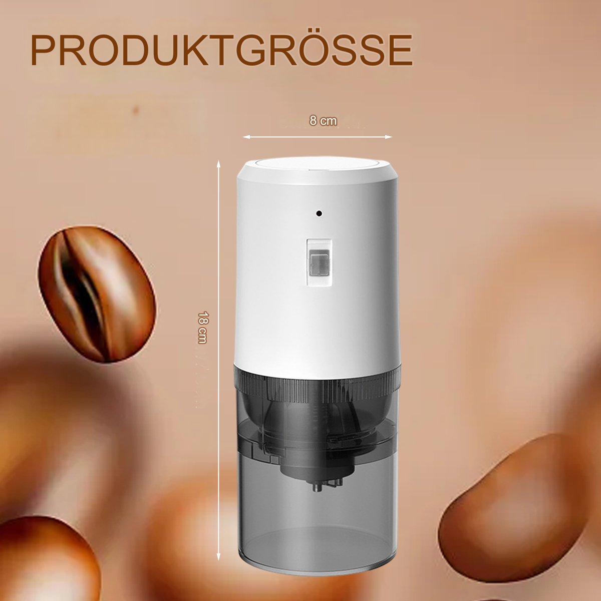Weiße Kaffeemühle mit Bohnen, 18 cm hoch, 8 cm breit.