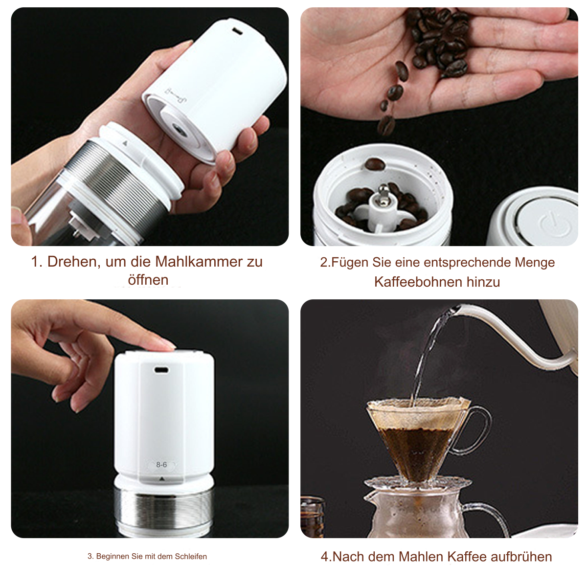 Vier Bilder, die den Kaffeemahlprozess zeigen: Öffnen, Bohnen hinzufügen, Mahlen und Brühen.