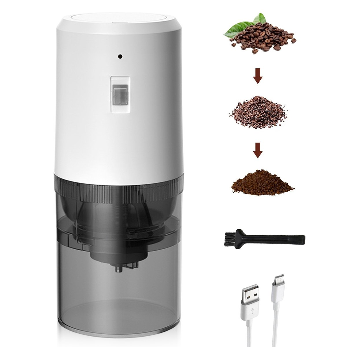 Weißer und grauer Kaffeemühle mit Kaffeebohnen, gemahlenem Kaffee und einer Bürste daneben.