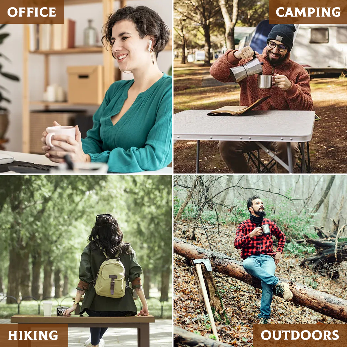 Collage von vier Bildern: Büro, Camping, Wandern und Outdoor. Menschen sind in Aktivitäten engagiert.