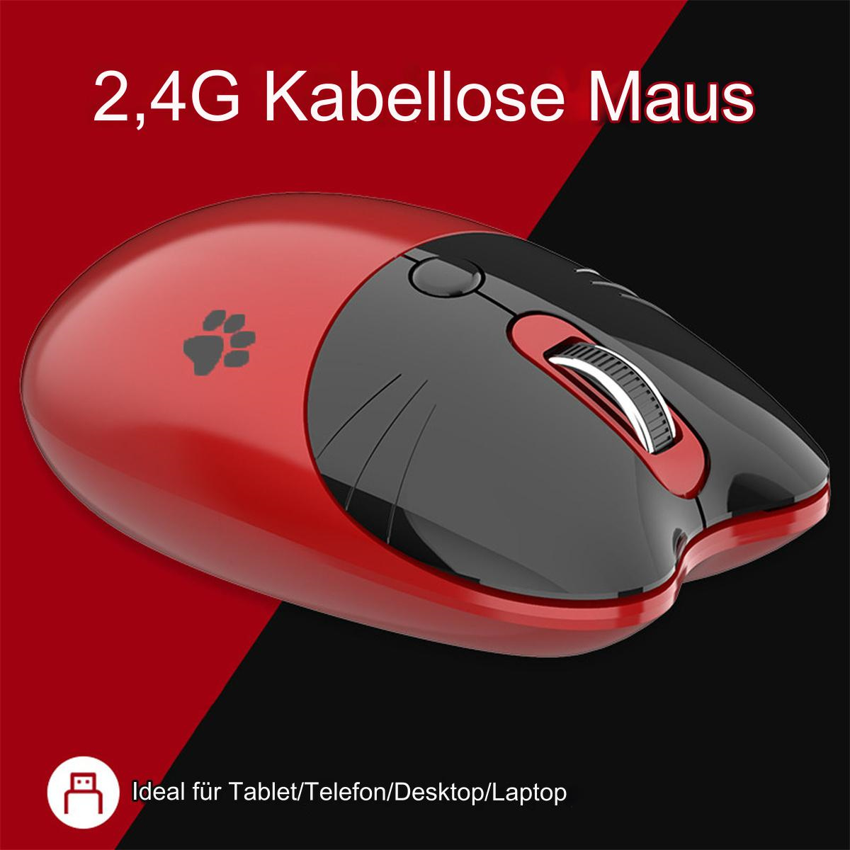 Rote und schwarze kabellose Maus. Sie hat einen Pfotenabdruck oben. Ideal für Tablet, Telefon, Desktop und Laptop.