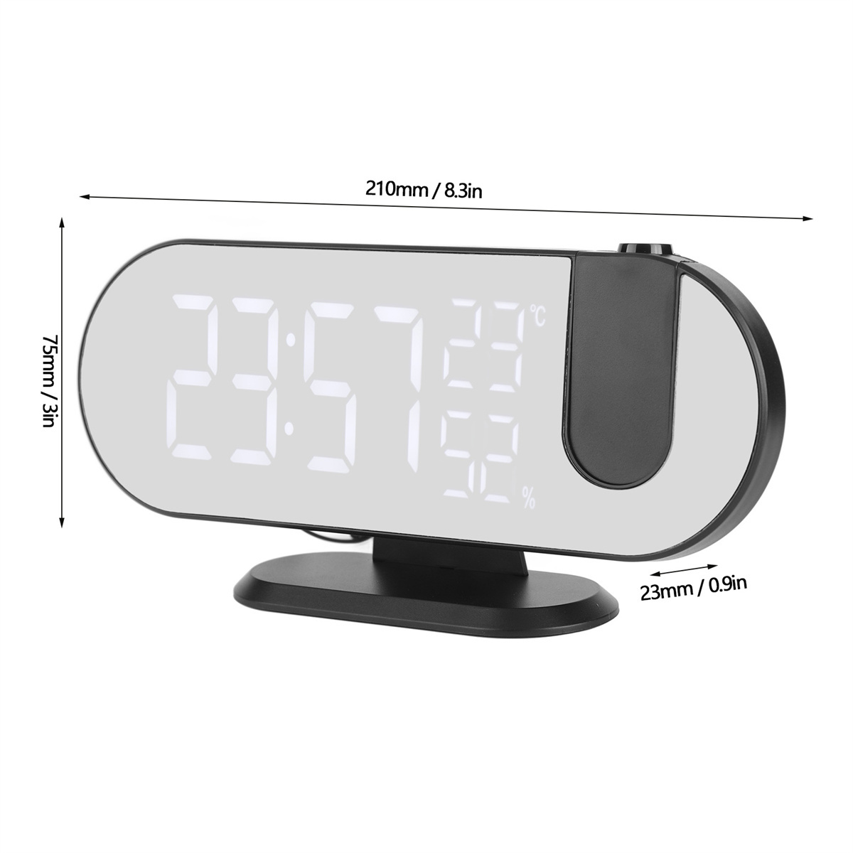 Ein digitaler Wecker mit großen, weißen Ziffern. Die Uhr zeigt die Zeit, Temperatur und Luftfeuchtigkeit an.