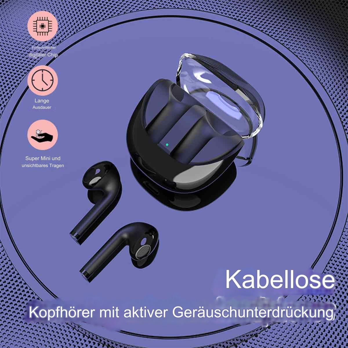 Schwarze kabellose Ohrhörer und Ladecase auf reflektierender Oberfläche.