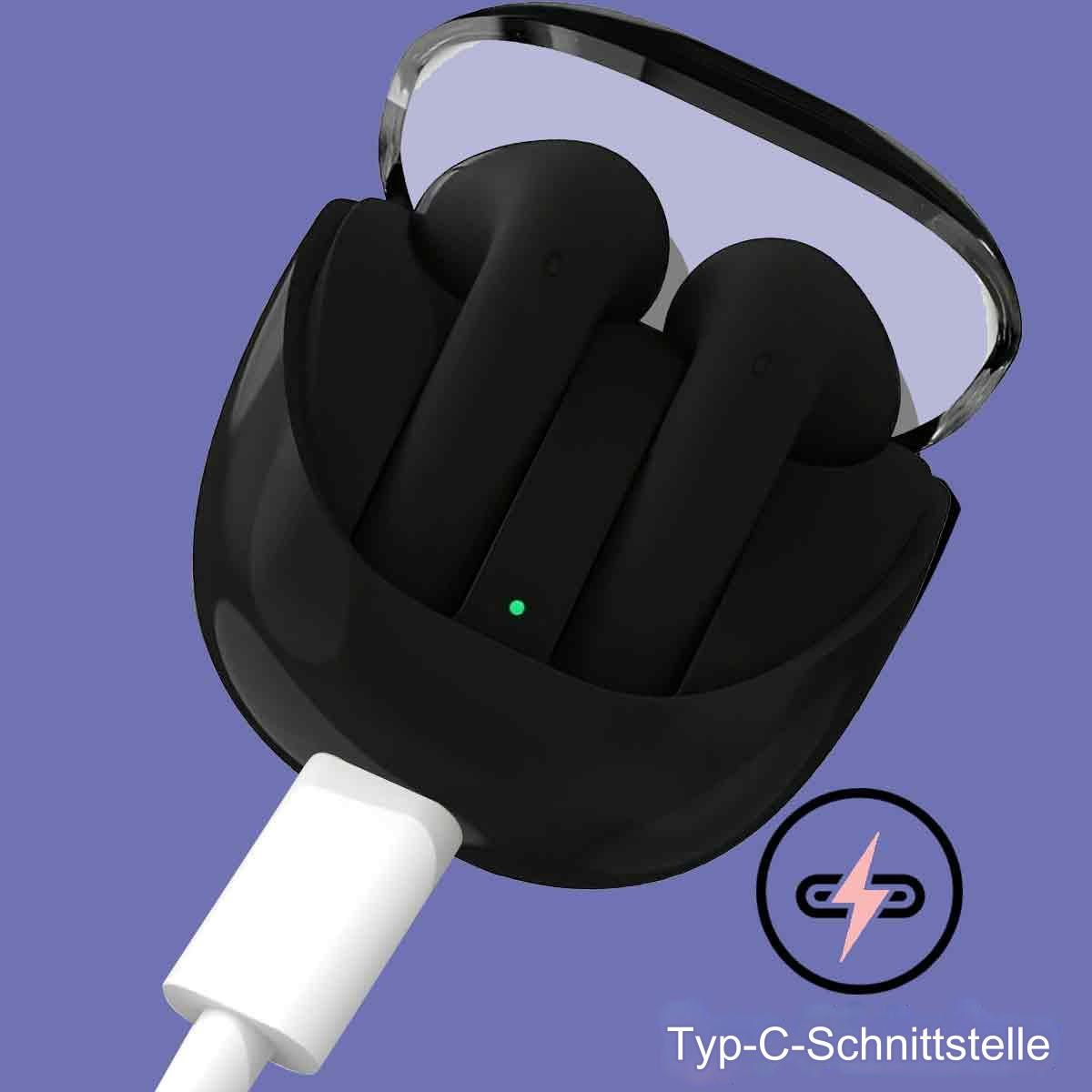 Schwarze kabellose Ohrhörer in einer Ladehülle, mit USB-C-Kabel. Die Hülle hat ein grünes Ladelicht.