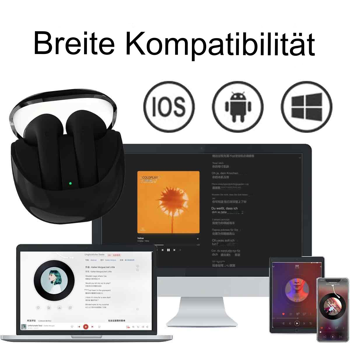 Schwarze Ohrhörer mit Ladecase. Mehrere Geräte zeigen Kompatibilität mit iOS, Android und Windows.