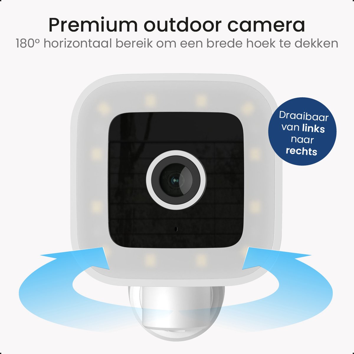 A square outdoor camera with a camera lens and an LED ring. Text says 'Premium outdoor camera'.