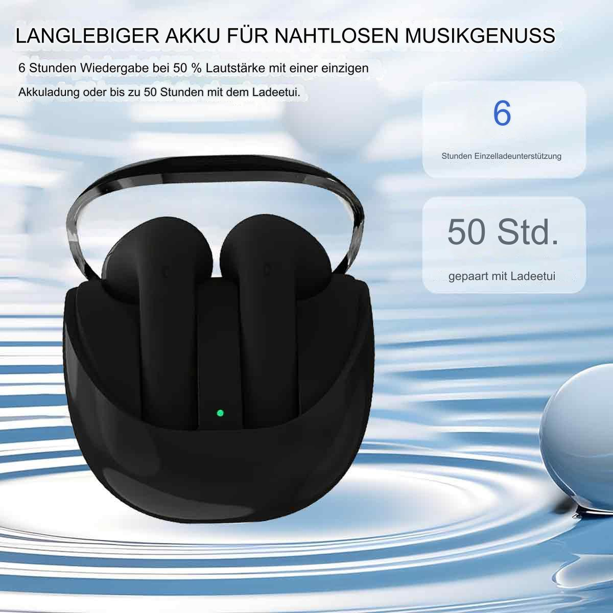 Schwarze kabellose Ohrhörer in einem Ladeetui, mit Batterieinformationen.