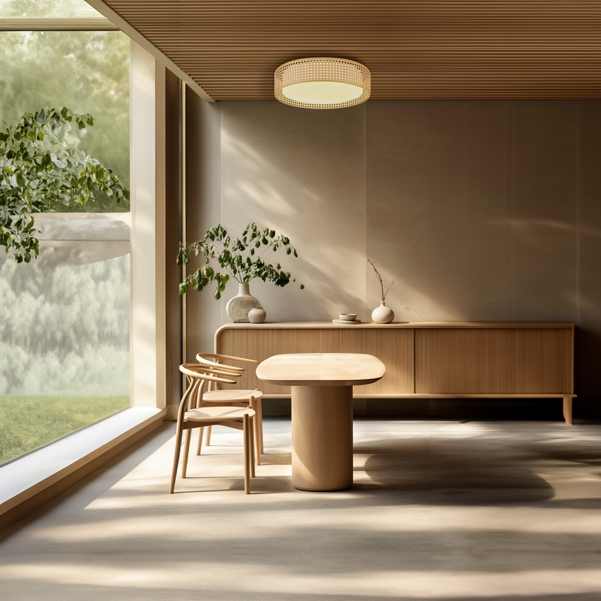 Jasna, nowoczesna jadalnia. Drewniany stół i krzesła, szafka i duże okno.