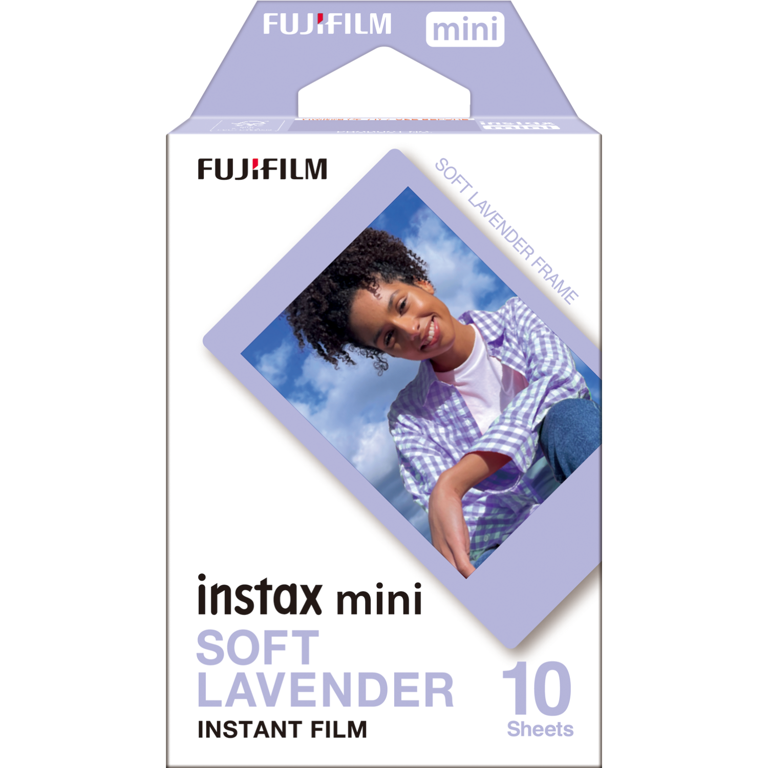 Una caja de película Fujifilm Instax Mini. Presenta una foto de una niña con las palabras 'Soft Lavender Frame'.