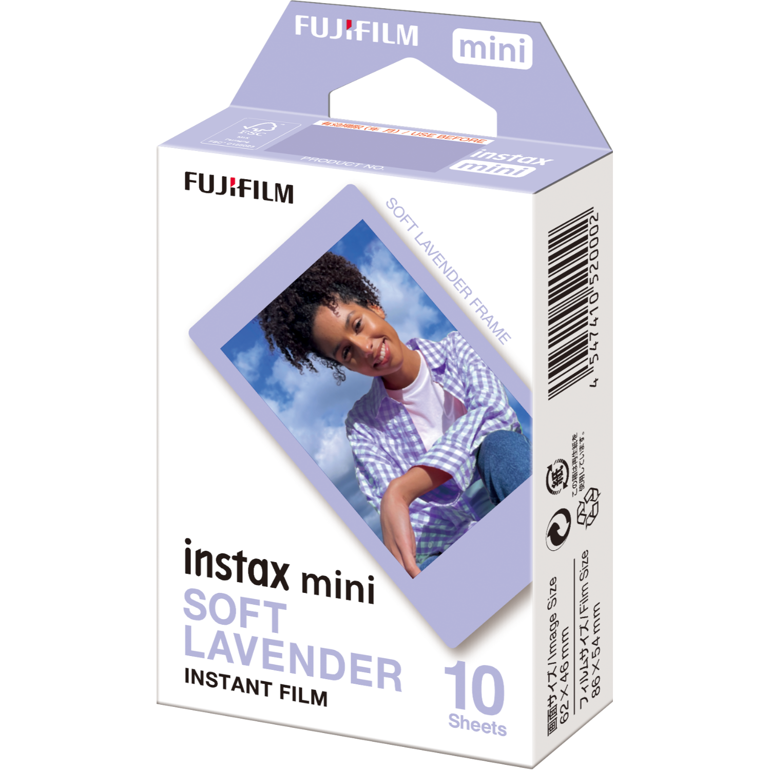 Caja de película Instax Mini Soft Lavender. Muestra una foto de una niña y un cielo azul.