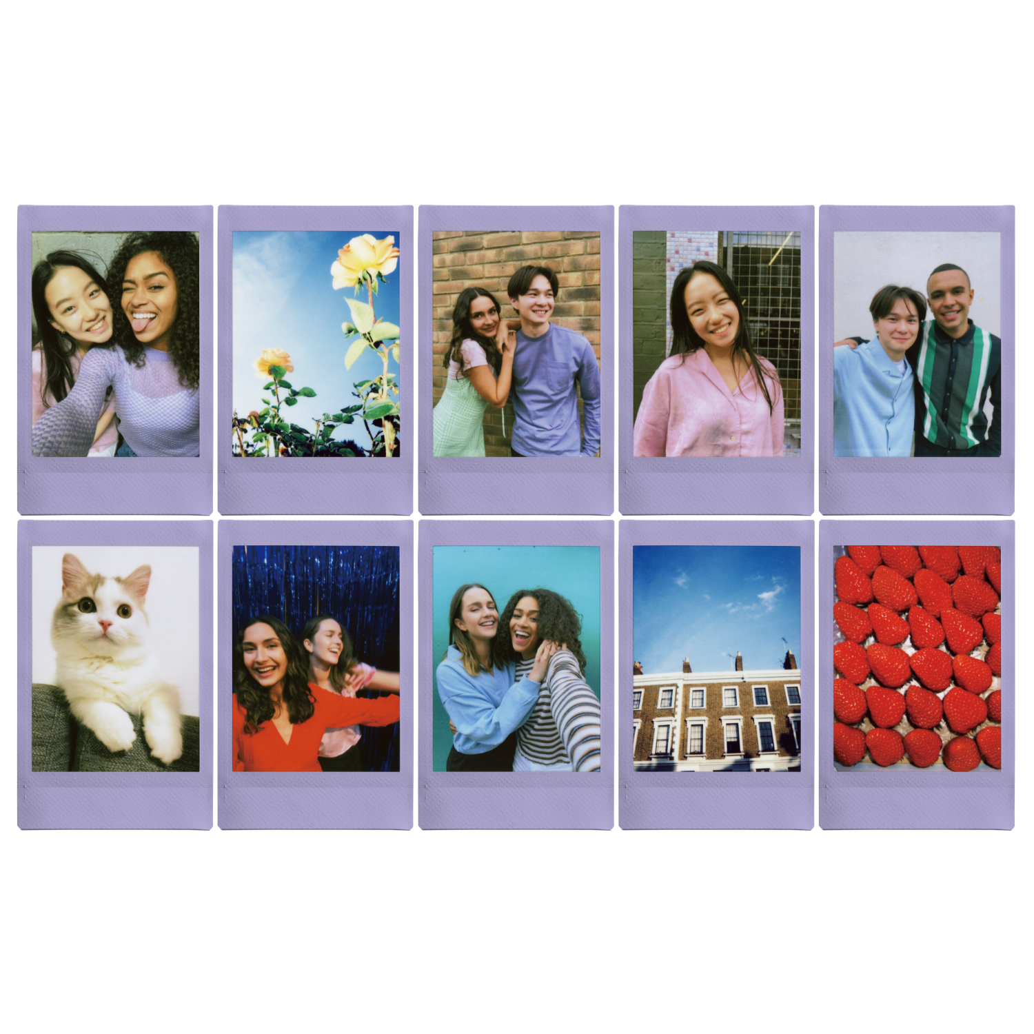 Fotos Polaroid de personas, escenas y objetos, dispuestos en una cuadrícula sobre fondo púrpura.