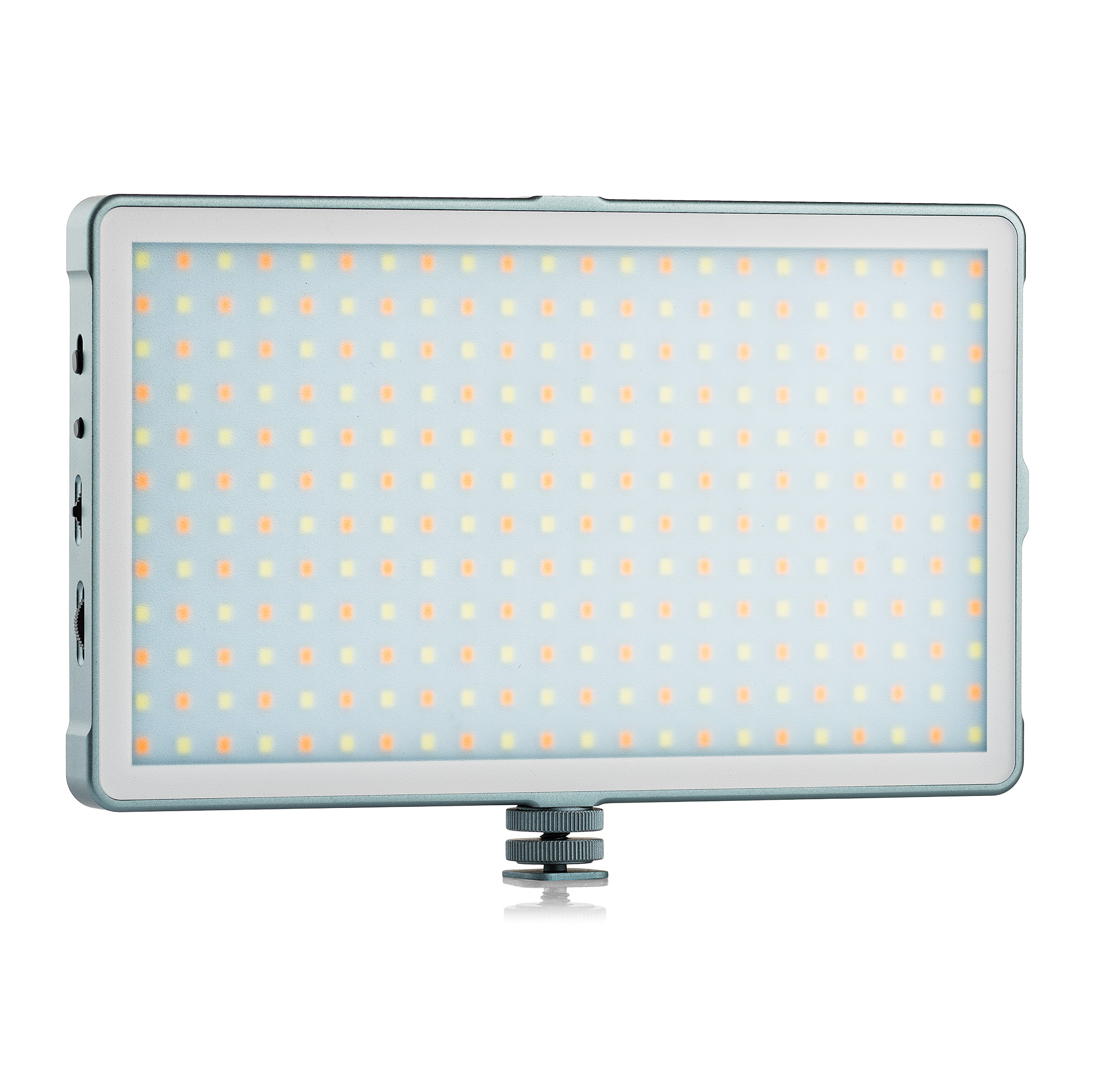 Rectangular LED panel light with many LEDs, silver frame, and a mounting screw.